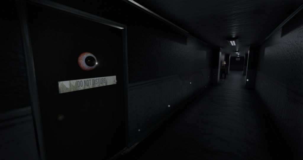 Dark Hallway With a Door That Has an Eyeball Visible