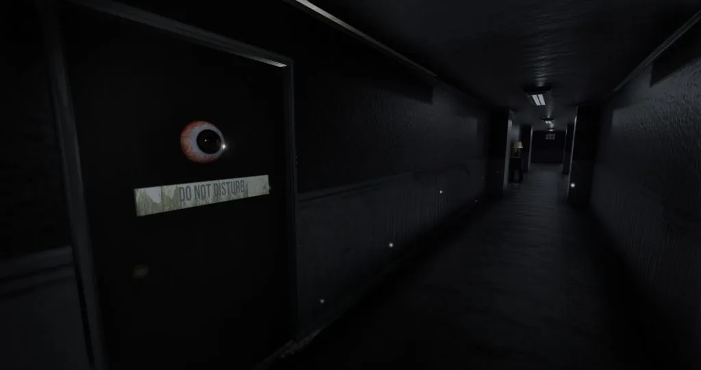 Dark Hallway With a Door That Has an Eyeball Visible