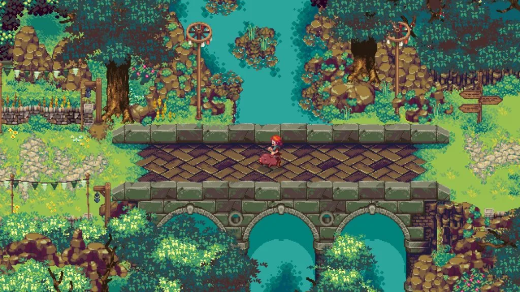 Kynseed Screenshot of a Character Riding a Pig Across a Bridge