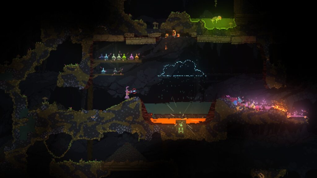 Noita Screenshot Showing a Cave With a Rain Cloud