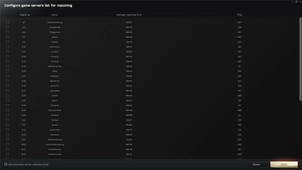 Escape from Tarkov - Server List