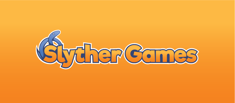 Slyther Games Orange Logo With a Blue Snake