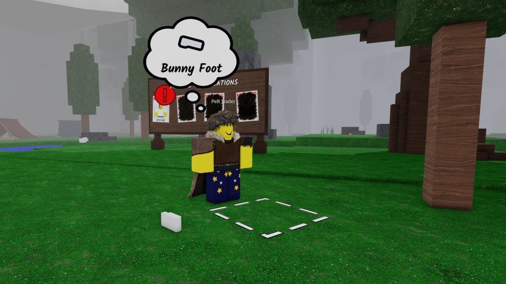 99 Nights in the Forest Pelt Trader with a Bubble Above Their Head Saying Bunny Foot