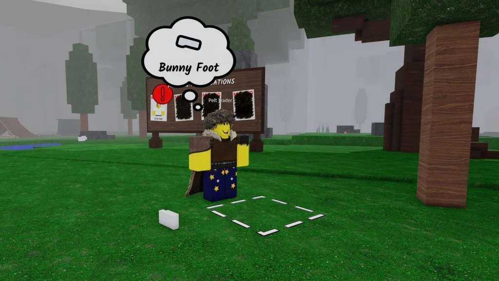 99 Nights in the Forest Pelt Trader with a Bubble Above Their Head Saying Bunny Foot