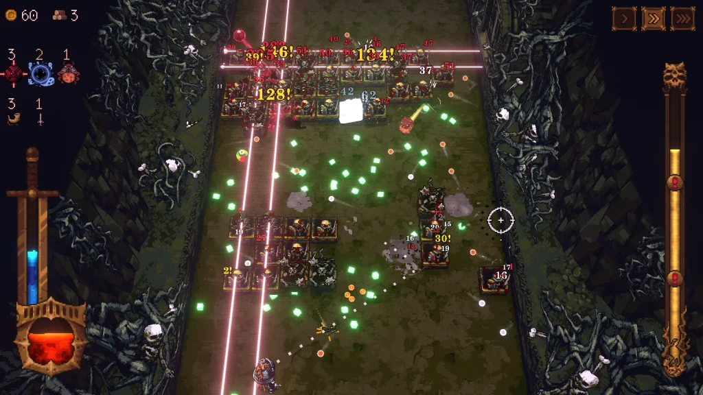 BALL x PIT Screenshot of Green Gems and Red Lasers Hitting Blocks
