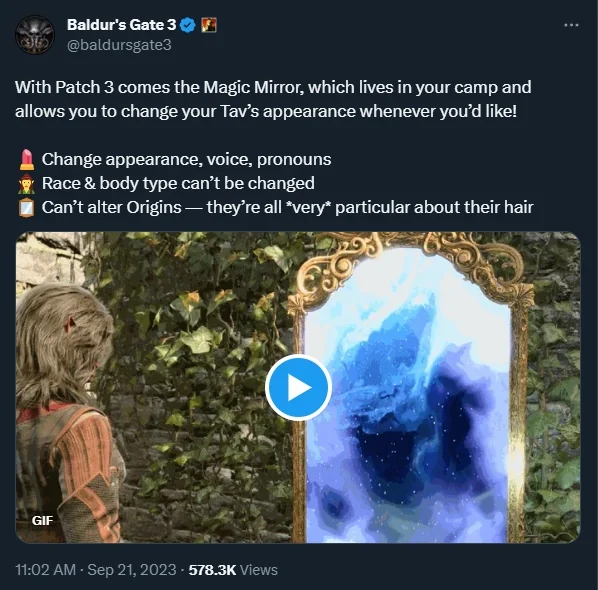 Baldur's Gate 3 Tweet About Magic Mirror