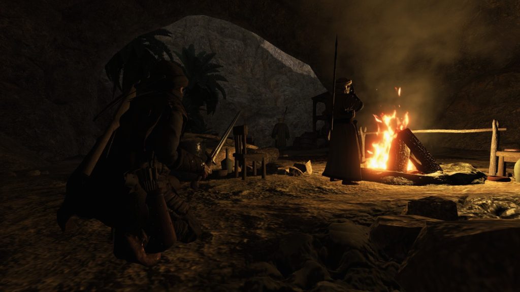 Mount & Blade 2: Bannerlord Screenshot of Someone Sneaking Up On a Person at a Campfire