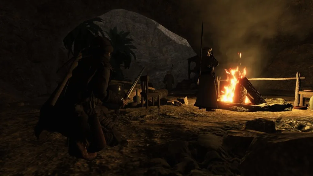 Mount & Blade 2: Bannerlord Screenshot of Someone Sneaking Up On a Person at a Campfire