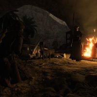 Mount & Blade 2: Bannerlord Screenshot of Someone Sneaking Up On a Person at a Campfire