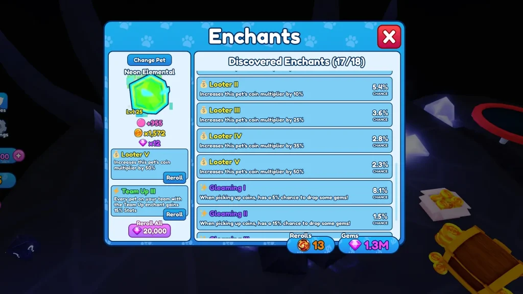 Bubble Gum Simulator Infinity Enchants Menu Showing a Neon Elemental