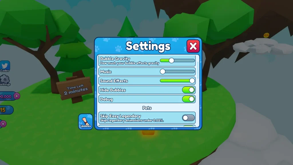 Bubble Gum Simulator Infinity Screenshot Showing Debug Settings