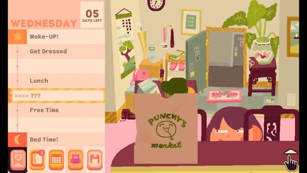 Consume Me Screenshot of a Girl Grinning and Staring at a Grocery Bag