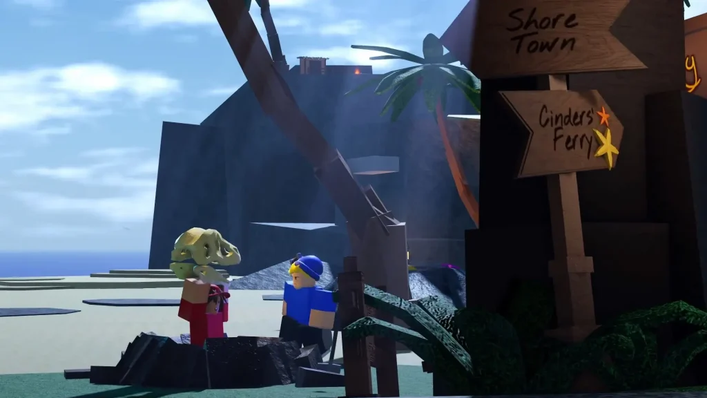 DIG Picture of Two Robloxians on a Beach With One Holding a Skull Above Their Head