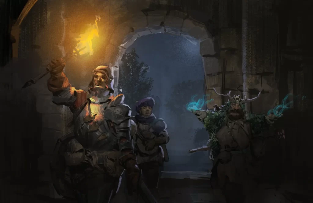Dark and Darker Artwork of Three Warriors Entering a Corridor
