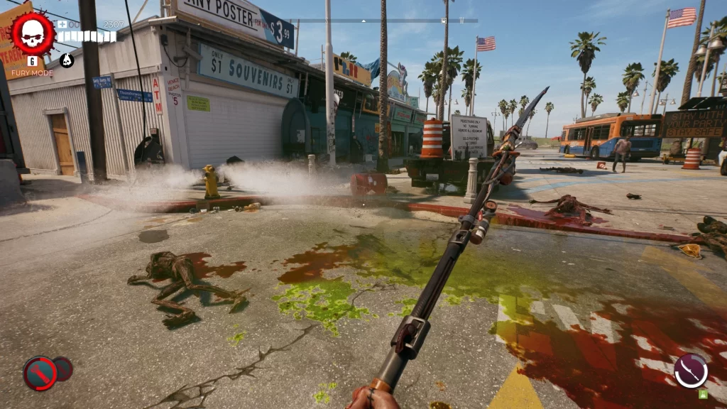 Dead Island 2 Screenshot of An Overflowing Fire Hydrant and Caustic Acid