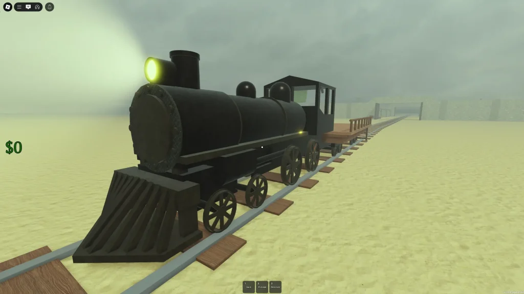 Dead Rails Screenshot of the Train in the Desert With a Fort Behind It