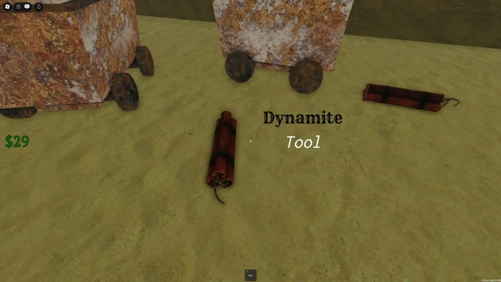 Dead Rails Screenshot Showing Two Bundles of Dynamite Near Two Rusty Minecarts