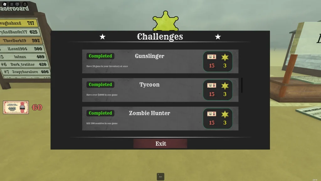 Dead Rails Challenge Board Showing the Gunslinger Challenge