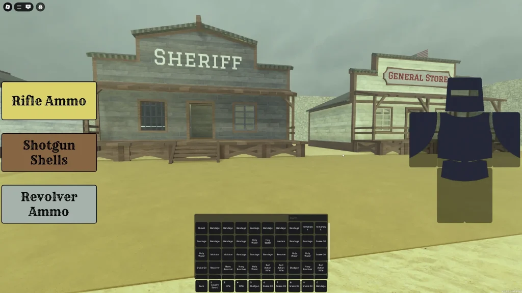 Dead Rails Screenshot Showing the Backpack and Sheriff Building