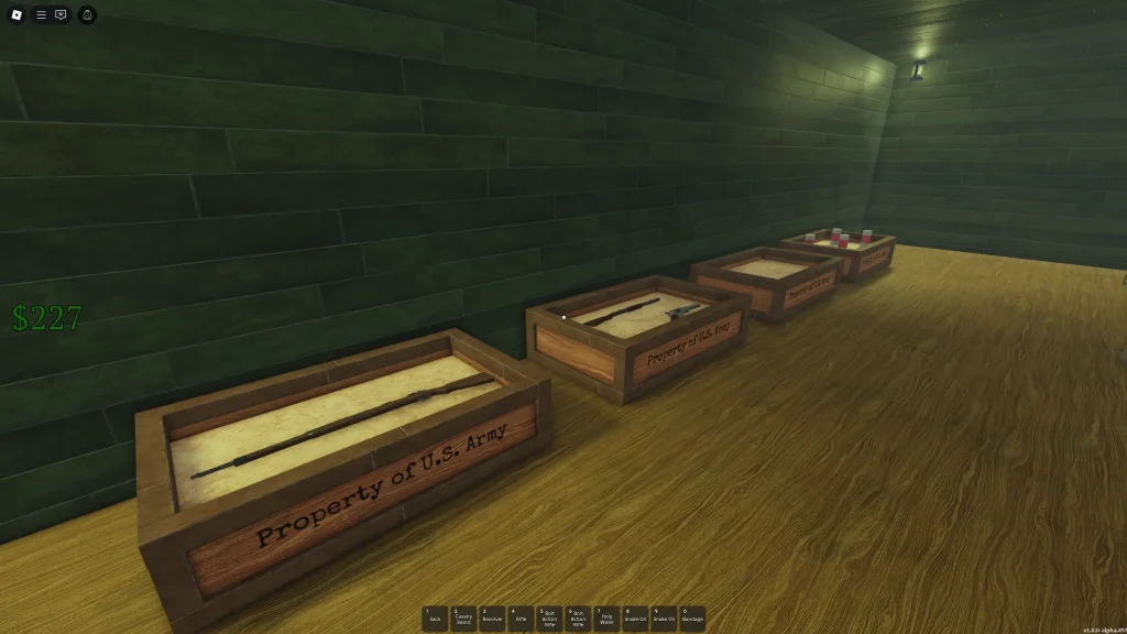 Dead Rails Screenshot Inside Fort Constitution Showing Boxes of Items