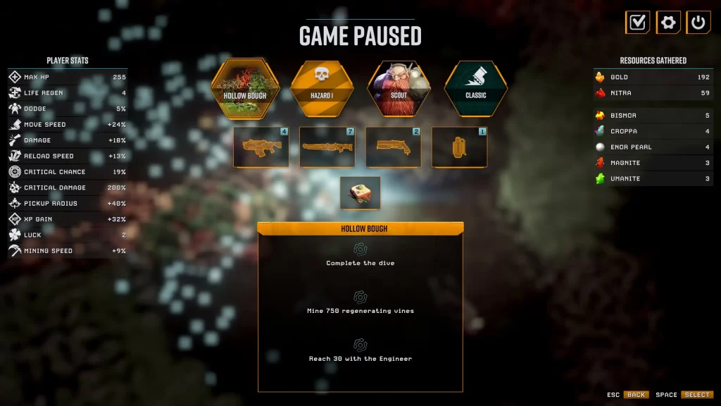 Deep Rock Galactic Survivor - Biome Goals on Pause Screen