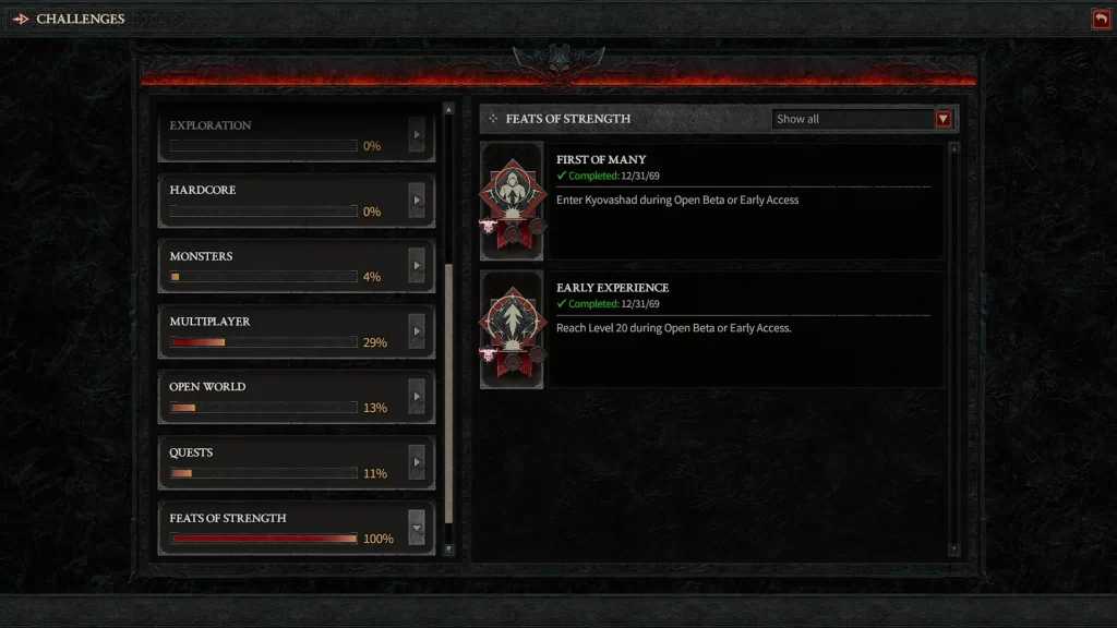 Diablo 4 - Beta Exclusive Feats of Strength Achievements