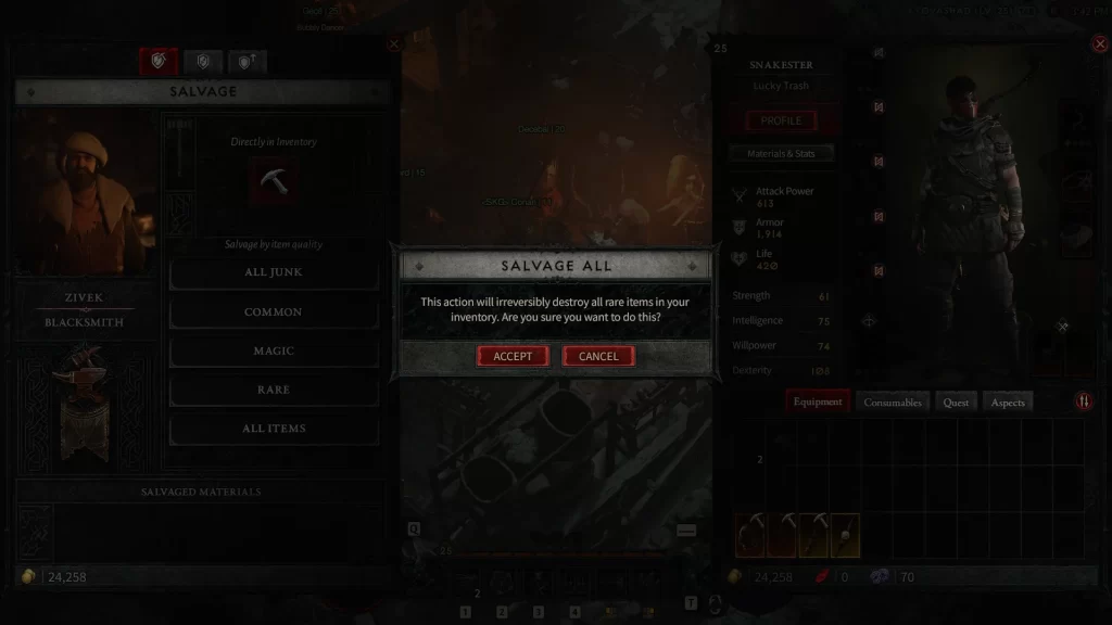 Diablo 4 - Blacksmith Salvaging Confirmation Window
