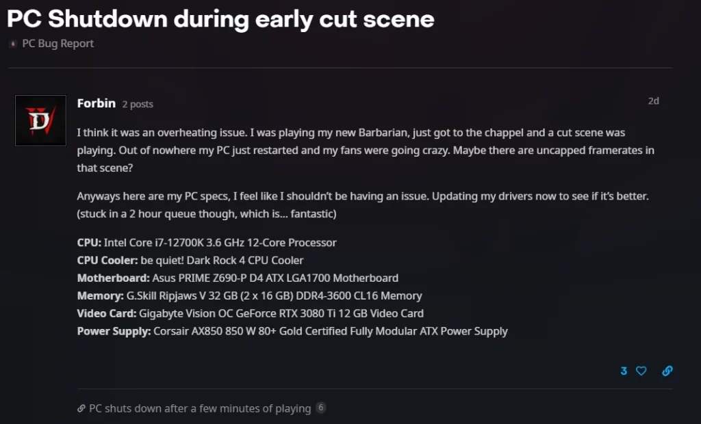 Diablo 4 Blizzard Forum PC Shutdown
