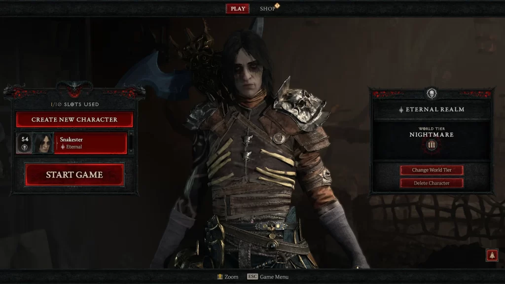 Diablo 4 - Character Select Menu For Changing World Tier