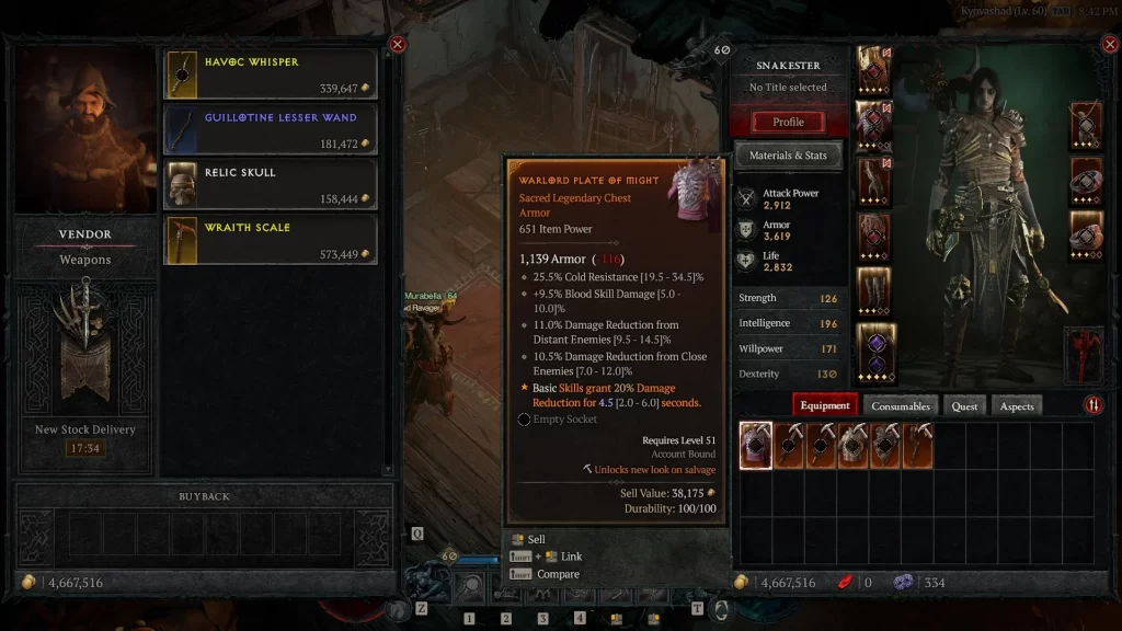 Diablo 4 - Legendary Gold Values at Merchant