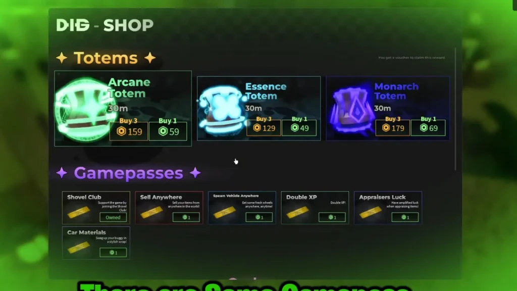 DIG Robux Shop Showing Totems and Gamepasses