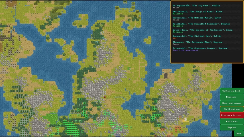 Dwarf Fortress - Civilization Relations on World Screen