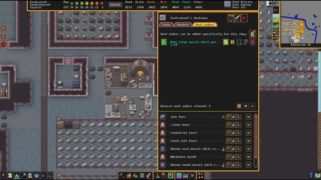 Dwarf Fortress - Creating Large Mussel Shell Gem Work Order