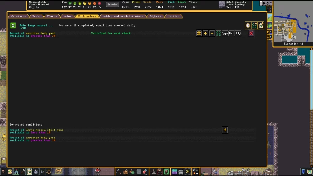 Dwarf Fortress - Make Large Mussel Shell Gems Work Order
