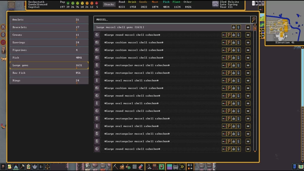 Dwarf Fortress - Stockpile of Large Mussel Shell Gems