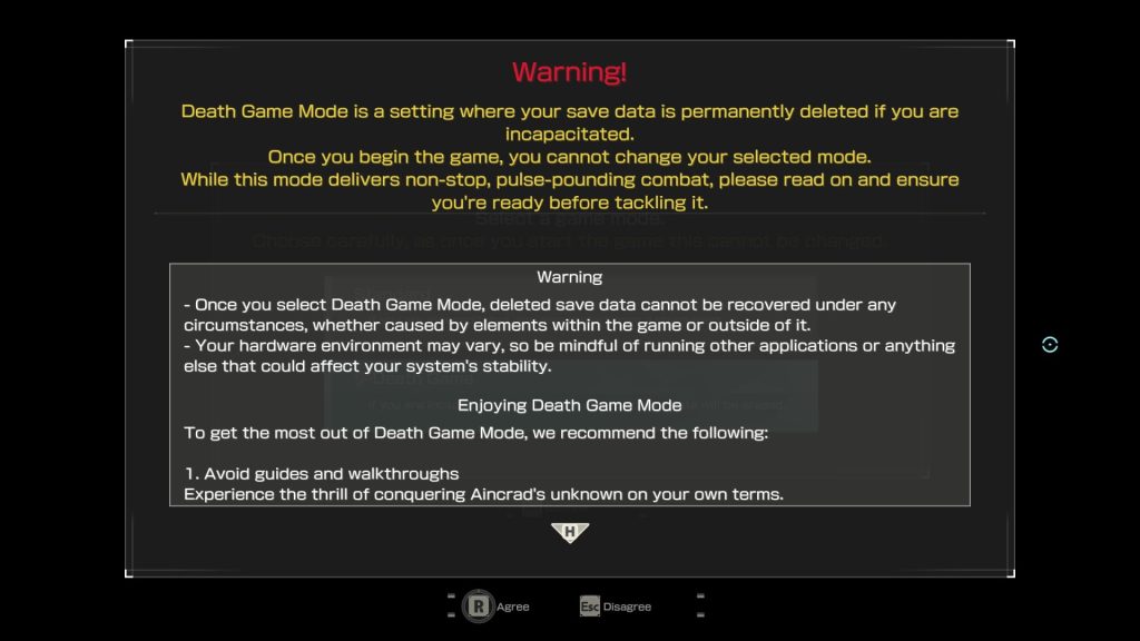 Echoes of Aincrad Death Game Mode Warning