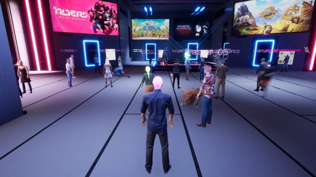 Screenshot of the digital convention Endix showing a bunch of people standing around an expo hall with gaming billboards in the distance.