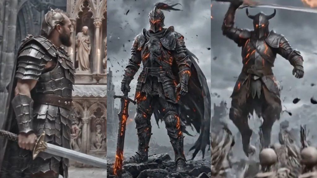 Three pictures from a fake GenAI game trailer showing two knights with major differences. The third picture shown first is of a knight with the back of their head showing a metallic helmet, but the rest is their skin and face.