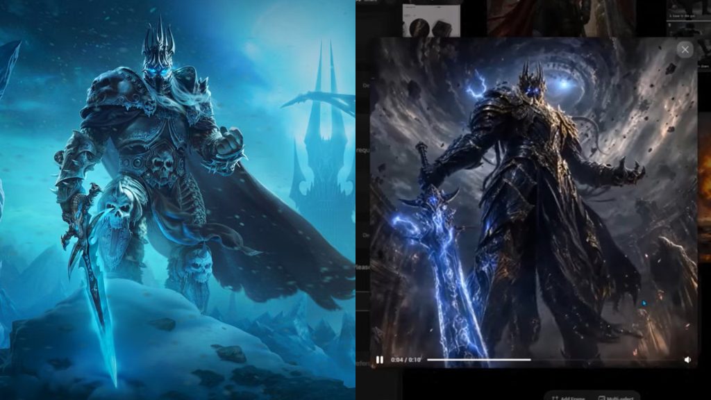 A side by side comparison of the Lich King from World of Warcraft and a darker but similar looking knight from a GenAI video.
