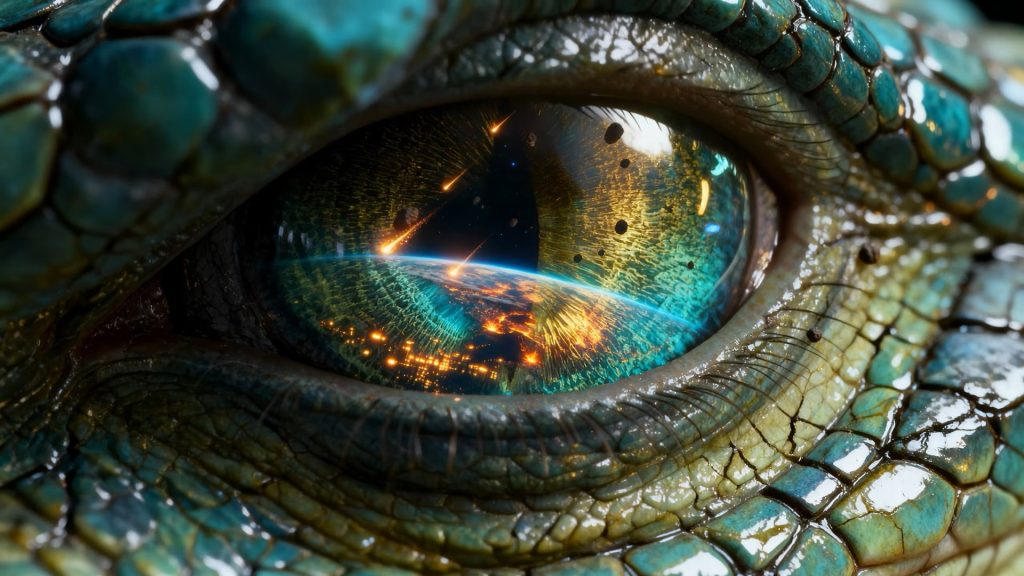 Close up of a scaly turquoise reptile's eye with eyelashes visible