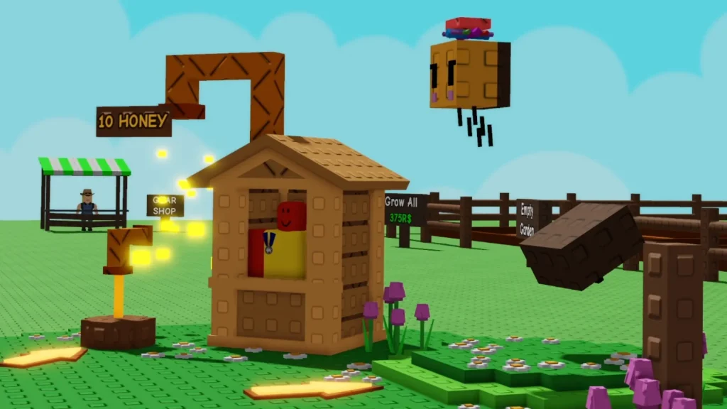 Grow a Garden Bizzy Bee Cutscene Showing a Small Shack and the Queen Bee