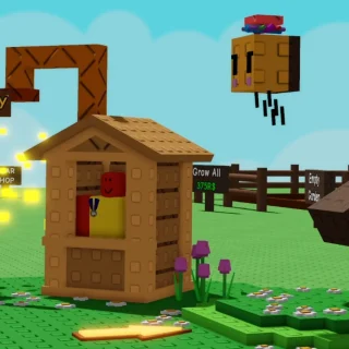 Grow a Garden Bizzy Bee Cutscene Showing a Small Shack and the Queen Bee