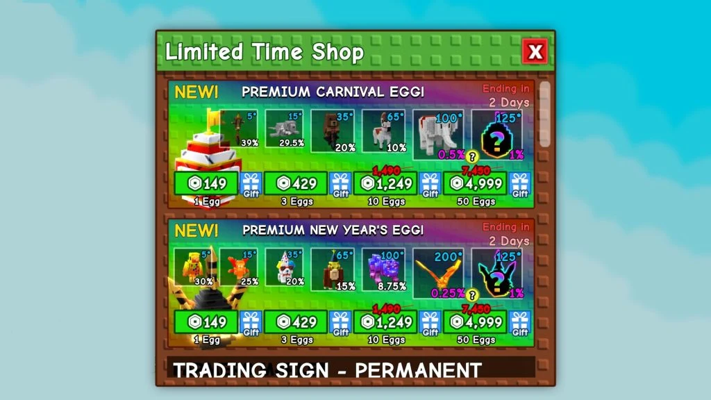 Grow a Garden screenshot of the in-game limited time shop showing the odds for different pets inside eggs. It also shows the Robux cost for each one and that they'll be going away in 2 days.