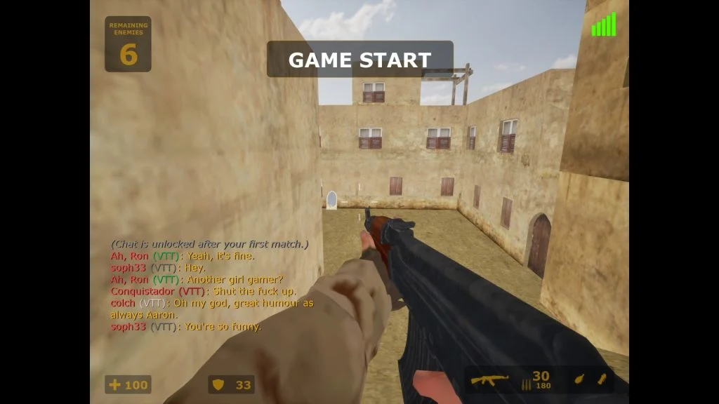 It Takes a War Screenshot Showing a Dirty Tan Town From First Person with a Weapon