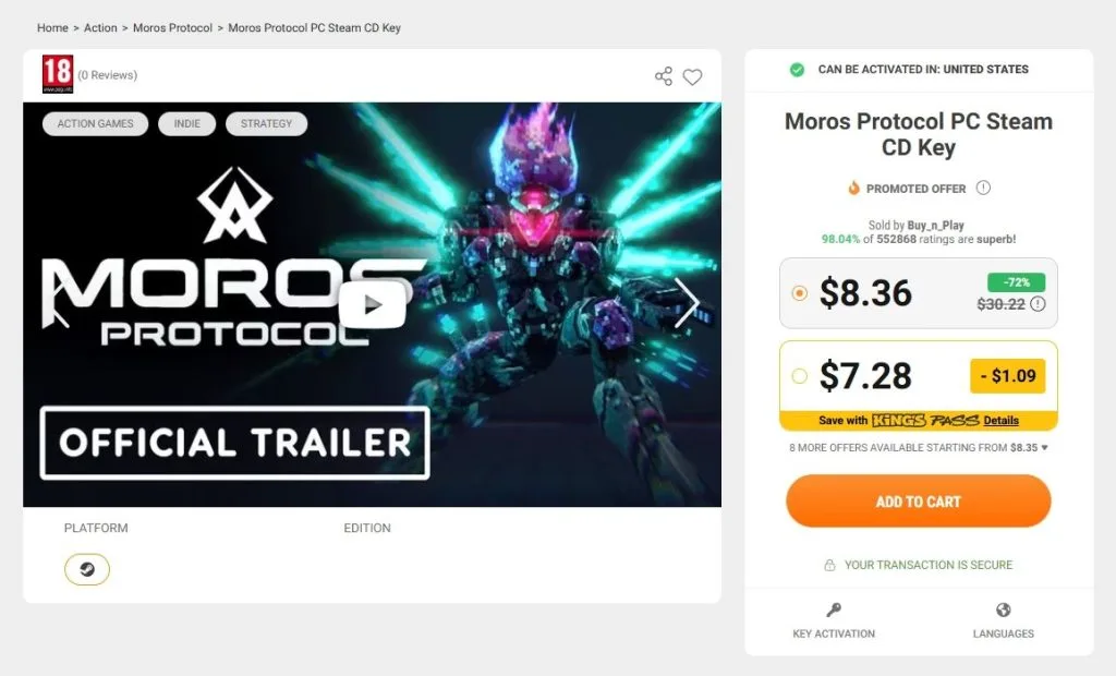 Picture of the Kinguin store page for Moros Protocol showing a price of $8.36, below the regular inflated price of $30.22.