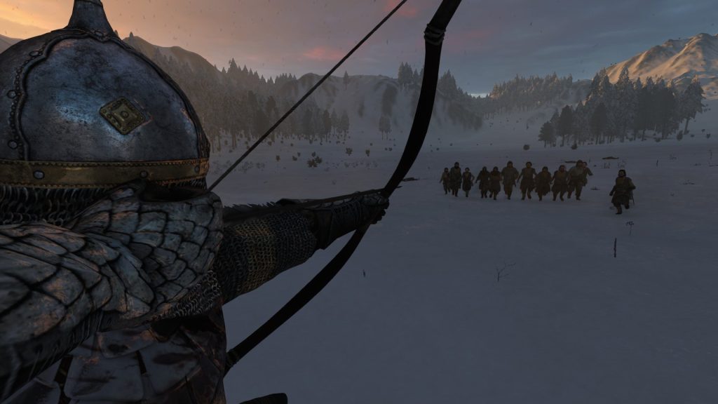 Mount & Blade 2 Bannerlord screenshot of a knight aiming at looters with a bow.