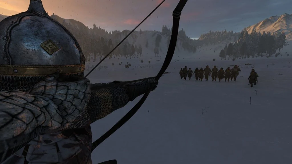 Mount & Blade 2 Bannerlord screenshot of a knight aiming at looters with a bow.