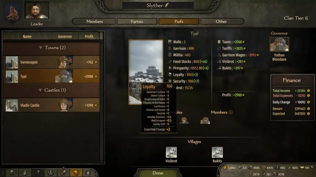 Mount & Blade 2 Bannerlord clan fiefs overview page.