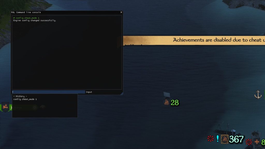 Mount & Blade 2 Bannerlord screenshot of the command line console and a cut-off messages that says, "Achievements are disabled due to cheat".