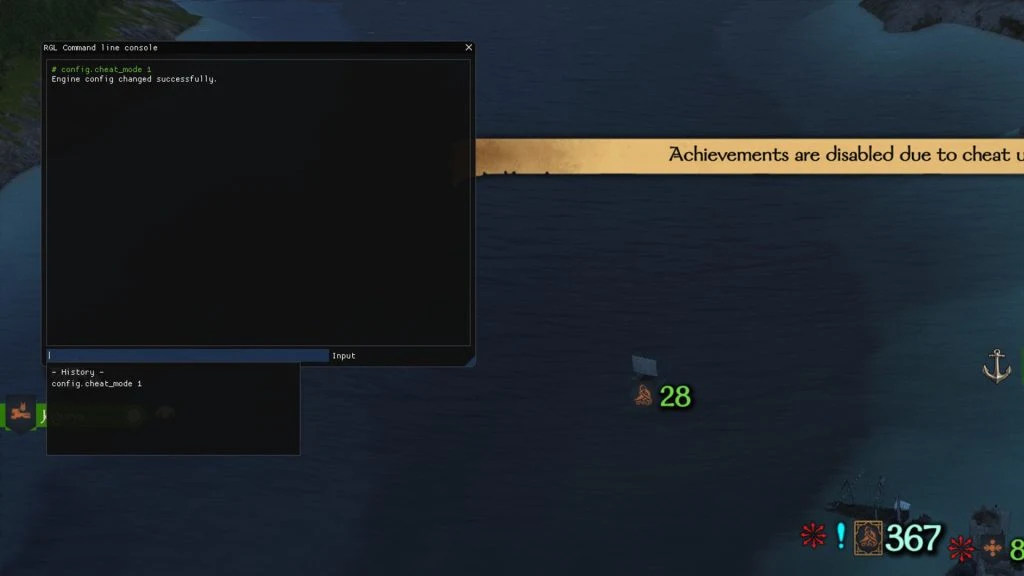 Mount & Blade 2 Bannerlord screenshot of the command line console and a cut-off messages that says, "Achievements are disabled due to cheat".